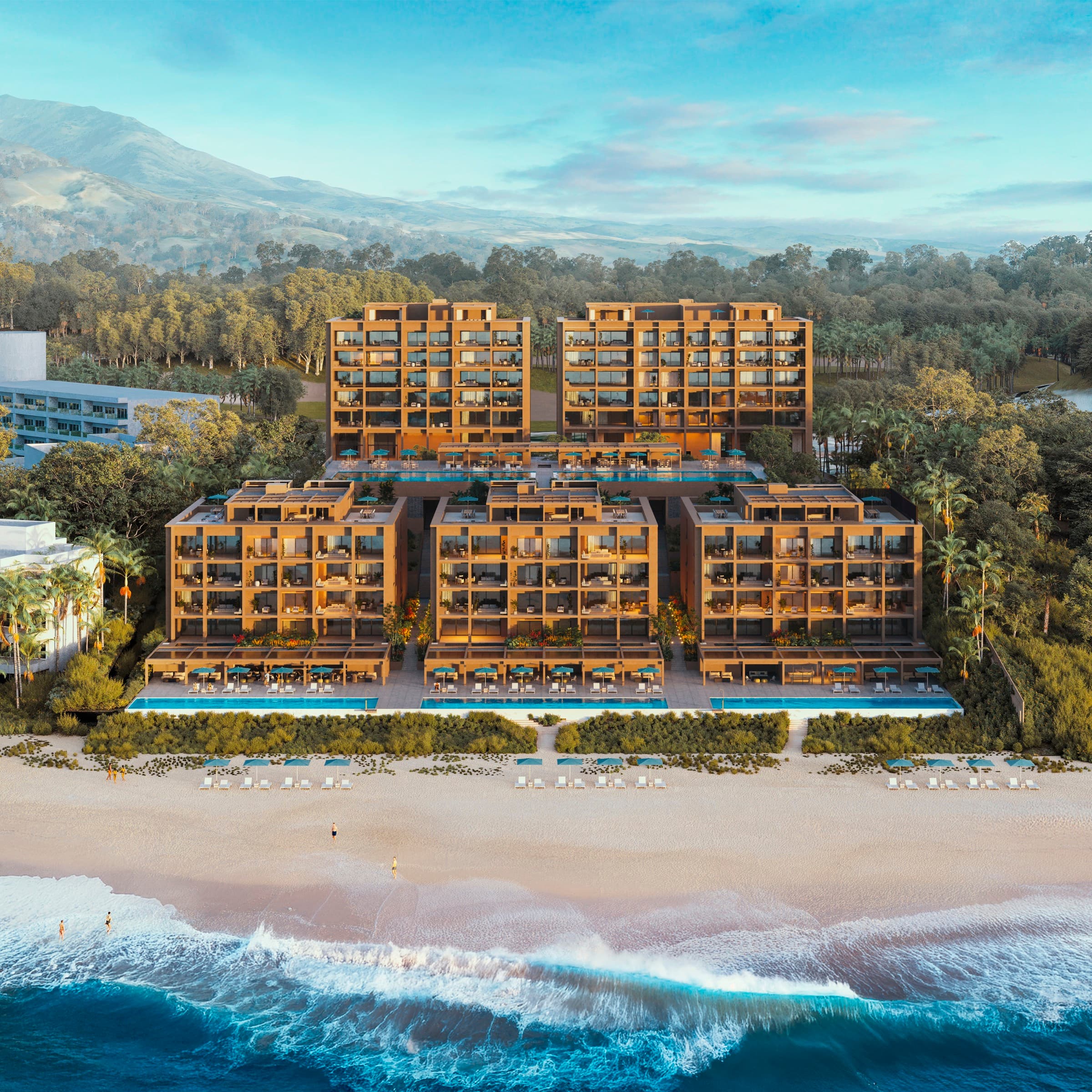 UAVI — aerial view of the five towers on Litibú beach, Riviera Nayarit