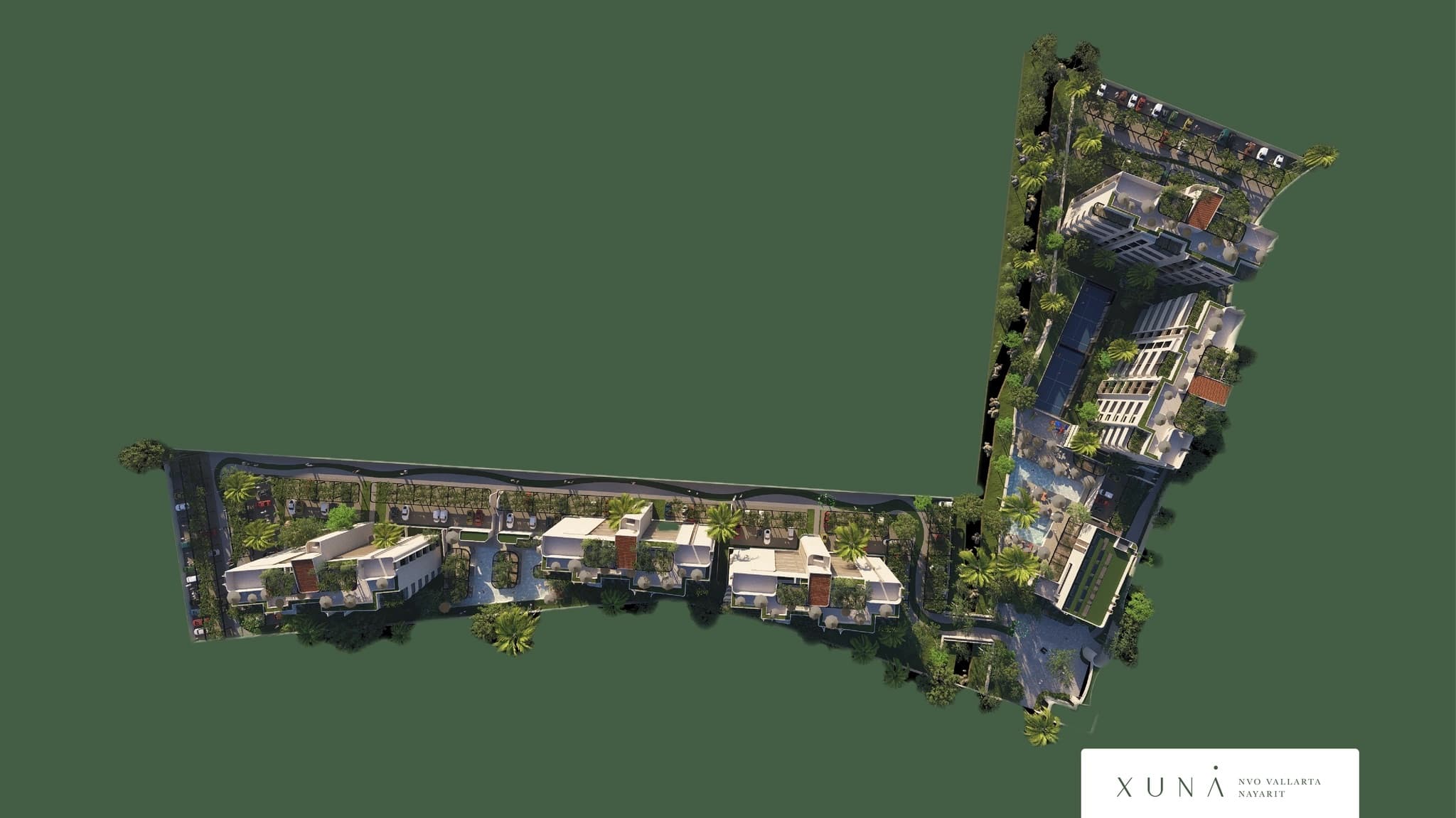 XUNA masterplan — the developer's top-down site render: five towers, the resort core and the gardens