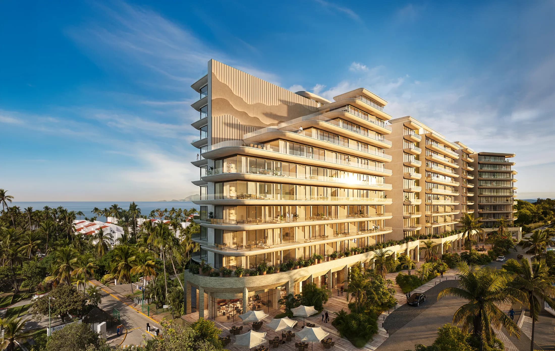 Andiamo — the residential towers above the palms, with Banderas Bay behind