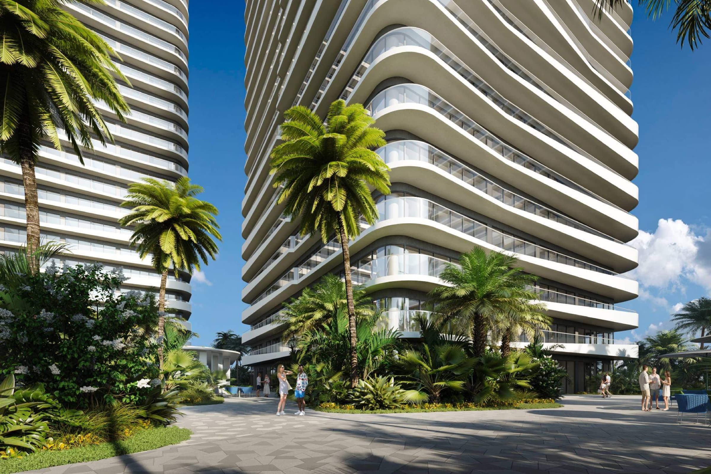 The towers' curved balconies, detailed in stepped terraces · developer render