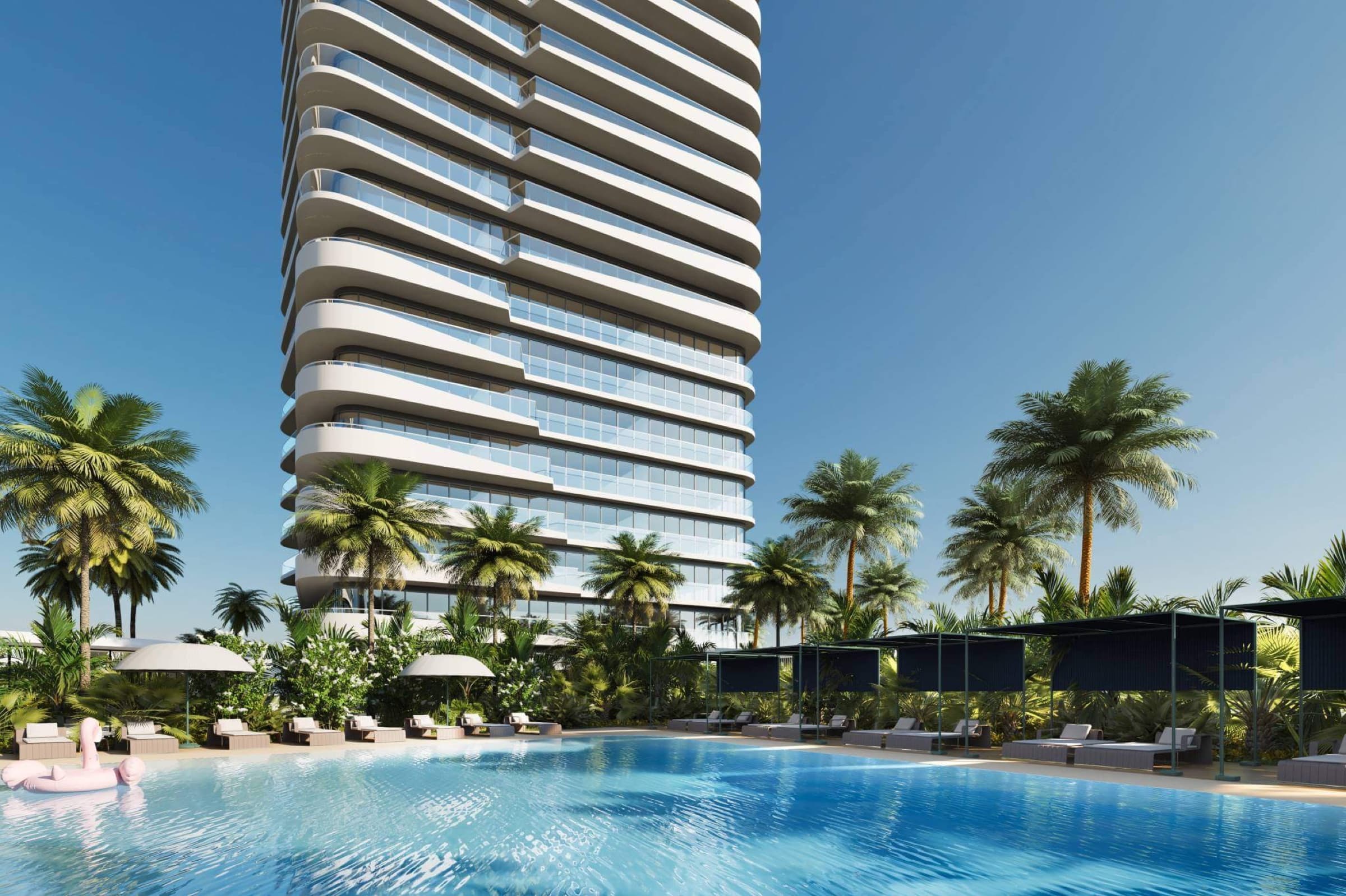 Marina Village's three towers above the marina corridor · developer render