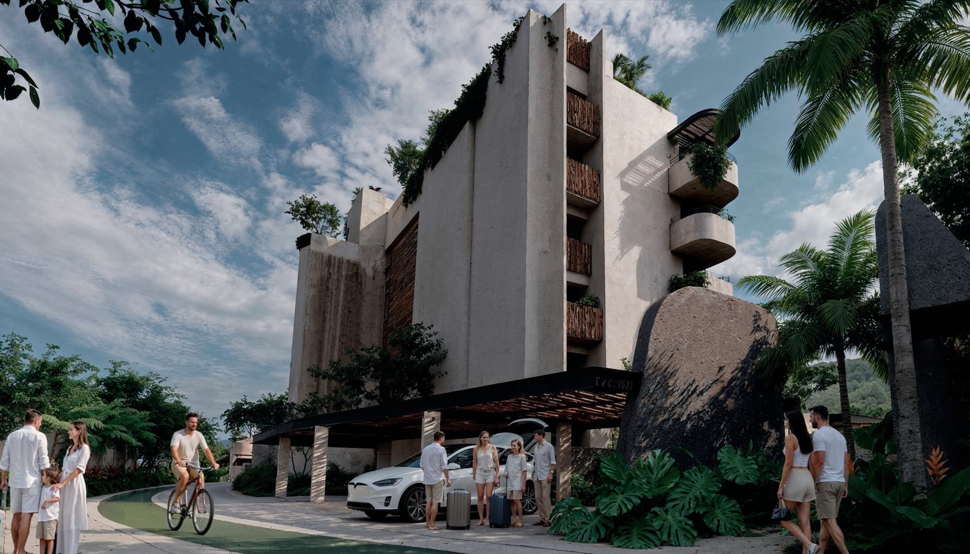 Arrival at XUNA — raw concrete, native planting, and the jungle kept close